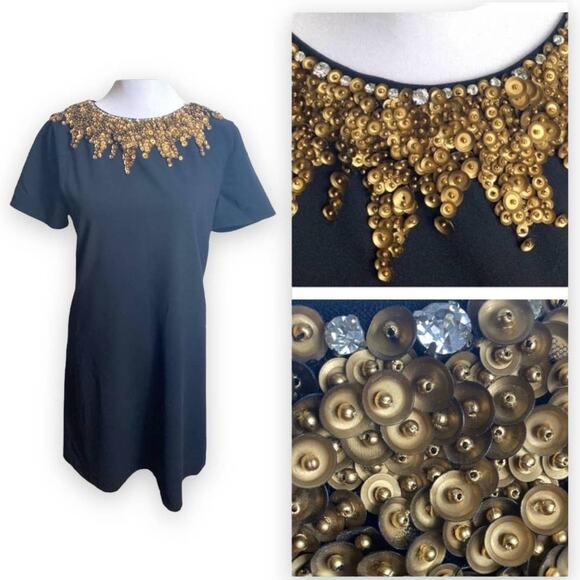 ALICE & OLIVIA DRESS 4 BLACK SHIFT GOLD SEQION BEADED JEWEL COLLAR UNIQUE PREPPY - Picture 1 of 9